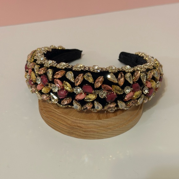 Two Tone Pink and White Rhinestone Black Velvet Headband - Picture 5 of 9